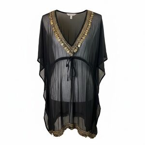 Black Sheer Kimono Cover Up Gold Trim Boho Beach Swim Caftan OS resortwear